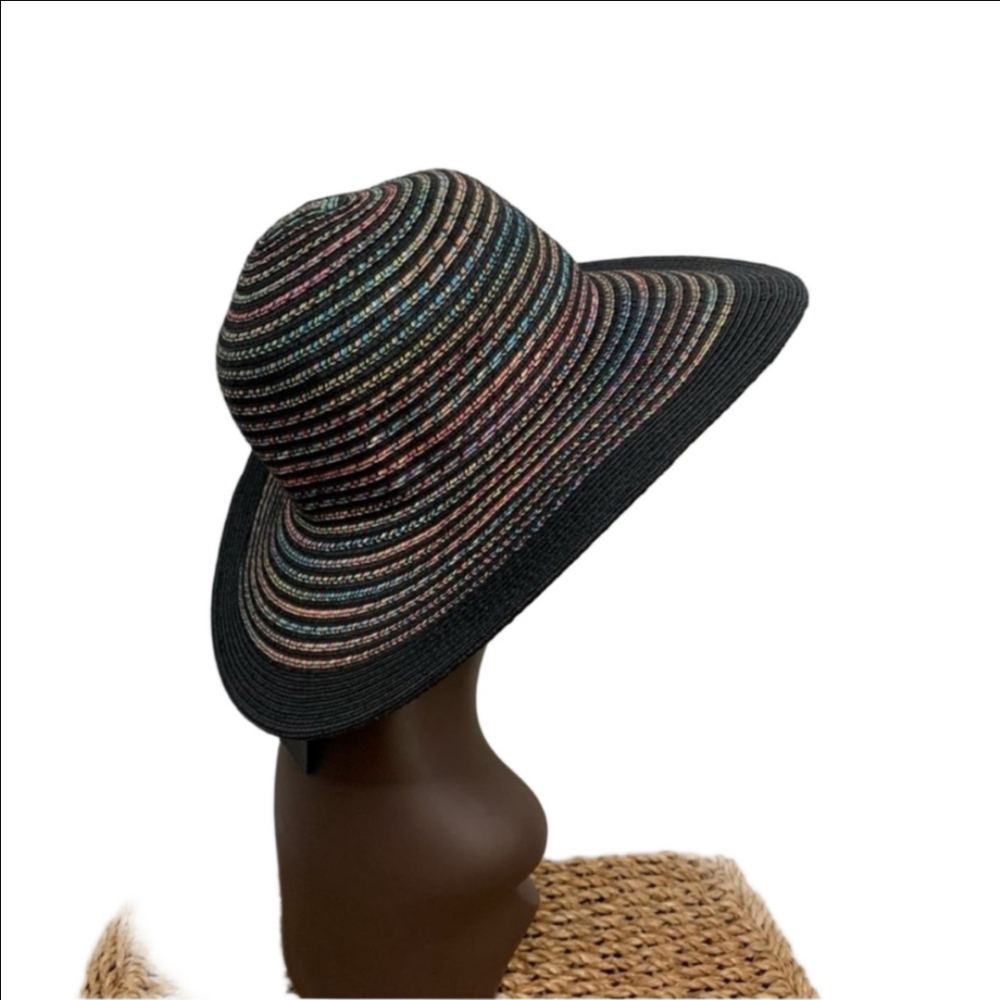 INC Sun-Hat Woven Striped Floppy Hat Black Colorful Packable Wide-Brim NWOT